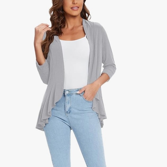 Women's Open Front Cardigan Jersey 3/4 Sleeves Dove Gray New With Tags Waterfall - Picture 3 of 16